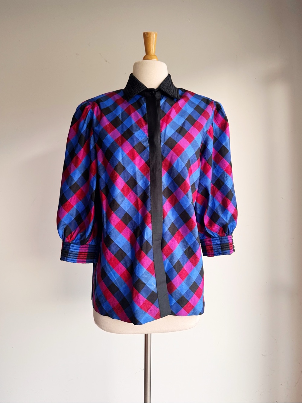 Vintage 100% Thai Silk Plaid Blouse | Jewel Tone Puff Sleeve Button Front | 12 - Picture 4 of 10